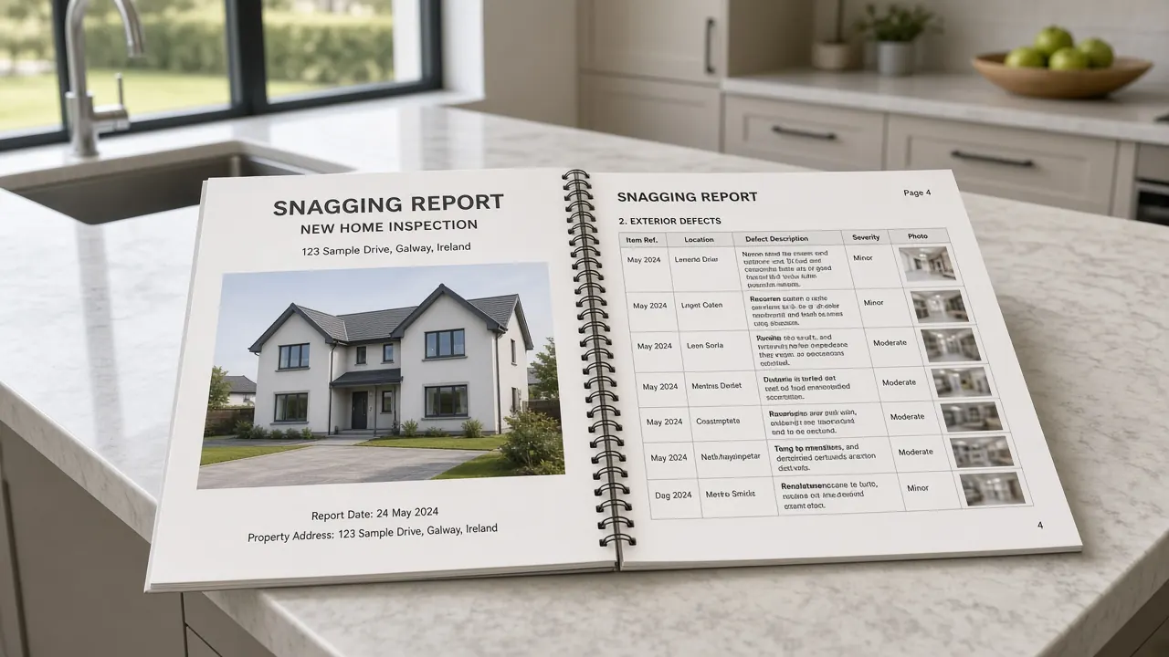 Printed snagging report open on a kitchen island in a new home.