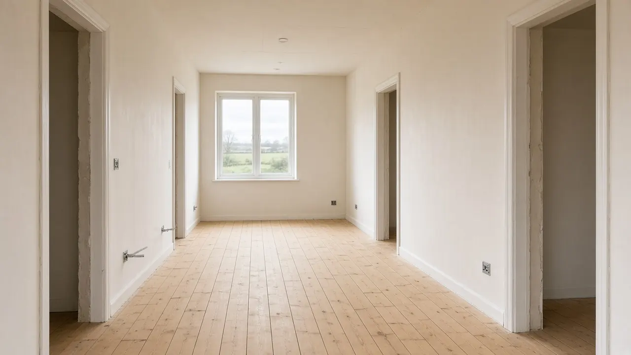 Unfinished new-build hallway with plastered walls, timber floor, and daylight at the far window.