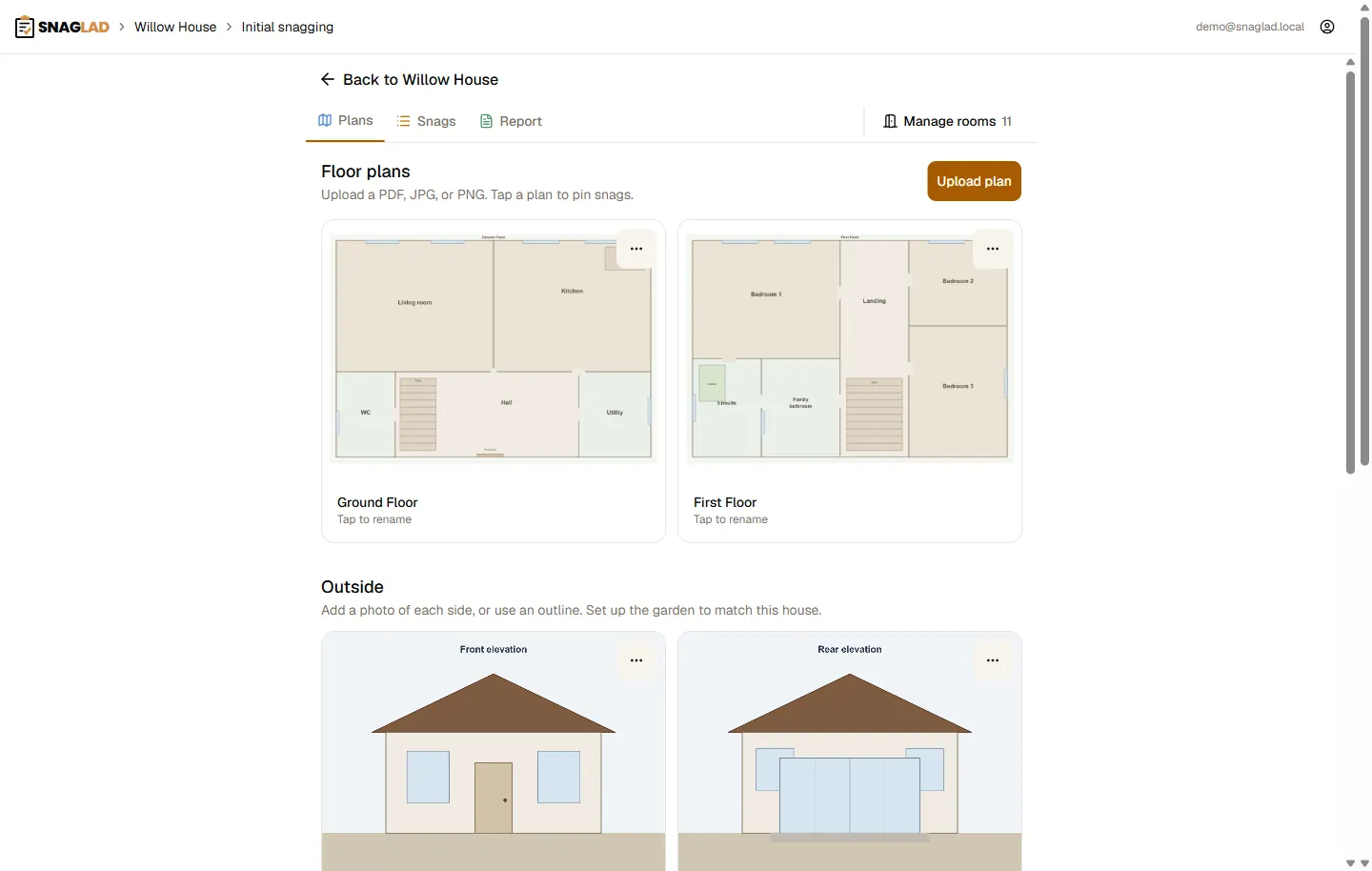 Desktop view of a Snaglad project with inspections listed and ready to open.